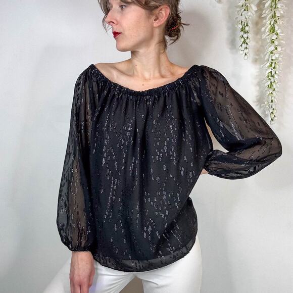 NWT LILLY PULITZER Emilee Long Sleeve Off Shoulder top Onyx metallic sheer 2217 - Picture 4 of 12
